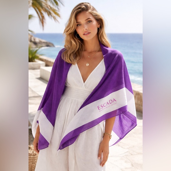 Escada Accessories - Escada Marine Groove Oversized Purple Cotton Resort Scarf Wrap Y2K Designer Logo